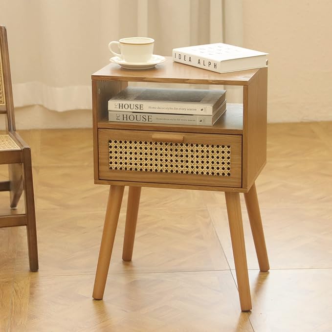 MaxSmeo Mid Century Modern Nightstand with Drawer, Small Nightstand Bedside Table, Rattan Nightstand, Wood End Table for Bedroom, Living Room (Brown)