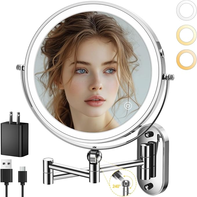 9" Wall Mounted Lighted Makeup Mirror,4000mAh Rechargeable Double Sided 1X/10X Magnifying Mirror with Light,3 Color Lights,Touch Dimmable,Extended Arm 360 Rotation Wall Mounted Makeup Mirror