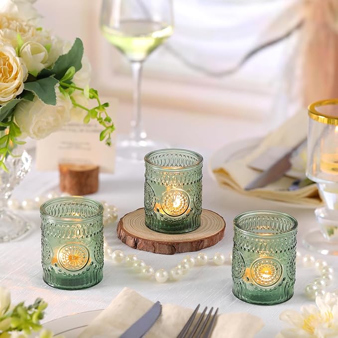 12pcs Green Votive Candle Holders，Glass Tea Lights Candle Holder Bulk for Birthday Parties, Weddings, Table Decorations, Candlelight Dinners