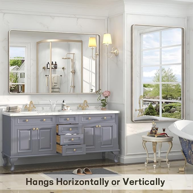48x30 Inch Brushed Nickel Bathroom Mirror, Large Brushed Silver Metal Framed Wall Mirror, Rounded Corner Rectangle Modern Vanity Mirror, Tempered Glass, Anti-Rust, Shatterproof (Horizontal/Vertical)