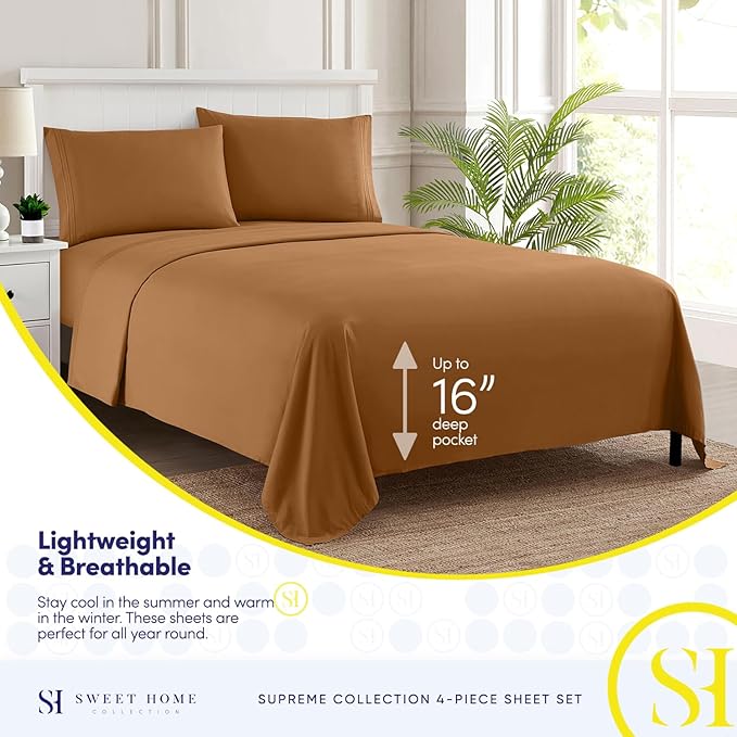 Twin Sheets - Breathable Luxury Sheets with Full Elastic & Secure Corner Straps Built In - 1800 Supreme Collection Extra Soft Deep Pocket Bedding Set, Sheet Set, Twin, Mocha
