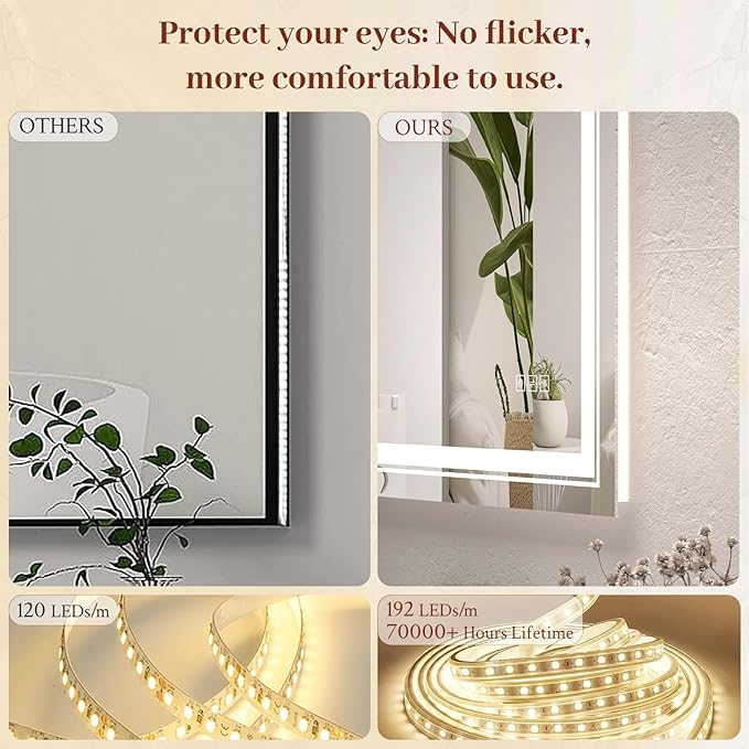 24x32 LED Mirror for Bathroom with Front and Backlit Light Up Digital Mirrors for Wall,Anti Fog,Stepless Dimmable,Tempered Silver Glass Smart Vanity Mirror for Bathroom