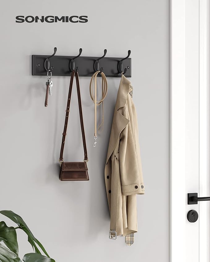 SONGMICS Wall-Mounted Coat Rack, Hook Rack, 4 Dual Metal Hooks, for Coats, Bags, Keys, in The Entryway, Bedroom, Living Room, Black ULHR023B01