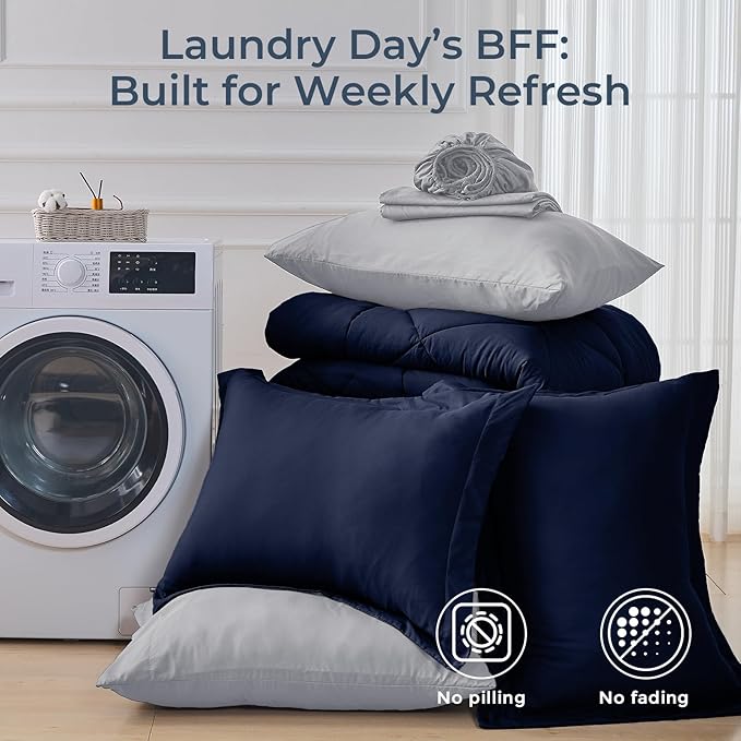 HEVUMYI Navy Blue & Grey California King Comforter Set - 7-Piece All Season Bed in a Bag Cal King, Ultra Soft Bedding Set with Comforter, Flat Sheet, Fitted Sheet, Pillowcases, Pillow Shams
