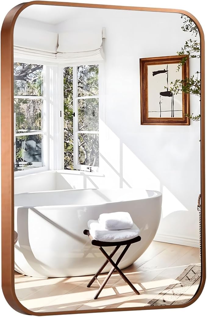 18"x24" Brushed Bronze Bathroom Mirror for Wall, Rounded Rectangle Mirror with Brown Metal Frame Hanging for Bathroom Entryway Vanity,Living Room,Bedroom,Vertical or Horizontal
