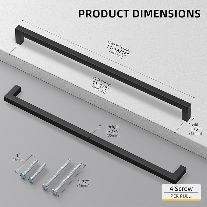 goldenwarm 60 Pack 11-1/3 Inch Black Cabinet Handles Matte Black Drawer Pulls Stainless Steel Cabinets Hardware Square Bar Modern for Kitchen Bathroom Cupboard