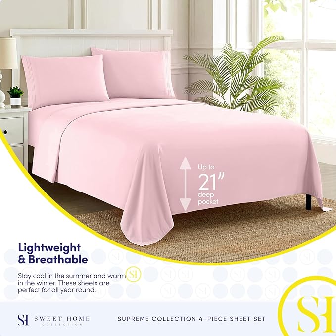 California King Sheet Sets - Breathable Luxury Sheets with Full Elastic & Secure Corner Straps Built In - 1800 Supreme Collection Bedding, Sheet Set, EXTRA DEEP pocket - Cal King, Pale Pink