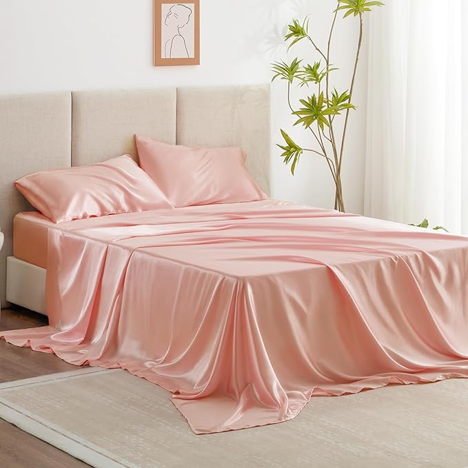 Love's cabin Twin XL 3Pc Satin Sheet Set, Coral Silky Satin Bed Sheets with Deep Pockets, Luxury Silk Feel, Envelope Closure