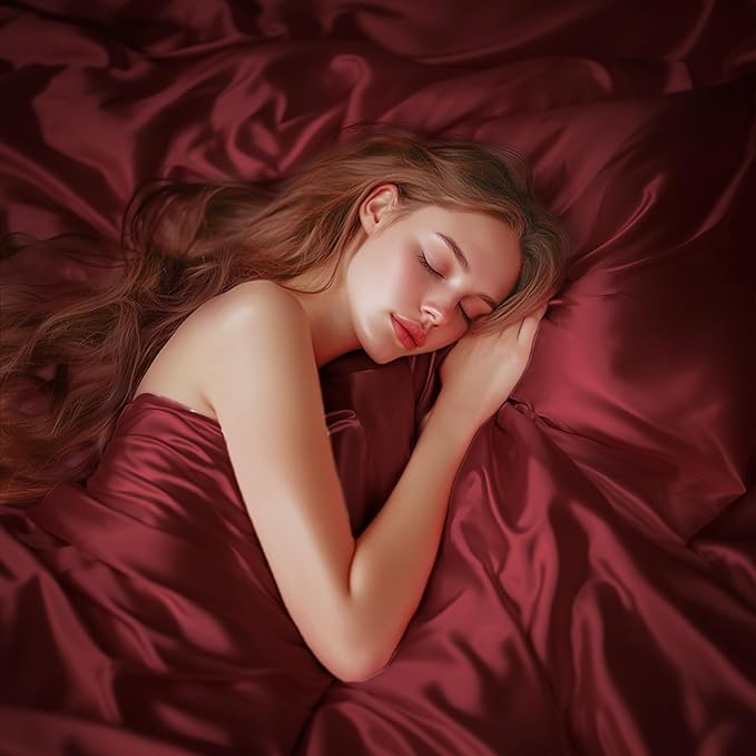 Love's cabin Twin Satin Sheets Sets - 3 Piece Burgundy Silky Bed Sheets with Deep Pockets, Luxury Silk Feel Satin Twin Size Sheet Set Bedding Set (1 Flat Sheet,1 Fitted Sheet,1 Pillow case)