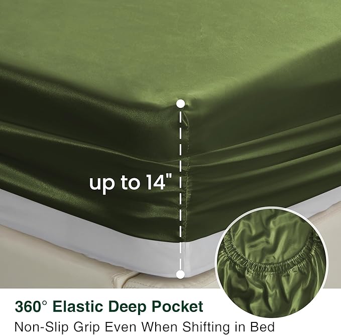 Love's cabin Satin Queen Bed Sheet Set - 4 Piece, Sage, Silky Soft, Deep Pocket, Luxury Feel
