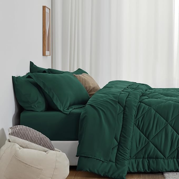 Love's cabin Twin Comforter Set Dark Green, 5 Pieces Twin Bed in a Bag, All Season Bedding Sets with 1 Comforter, 1 Flat Sheet, 1 Fitted Sheet, 1 Pillowcase and 1 Pillow Sham