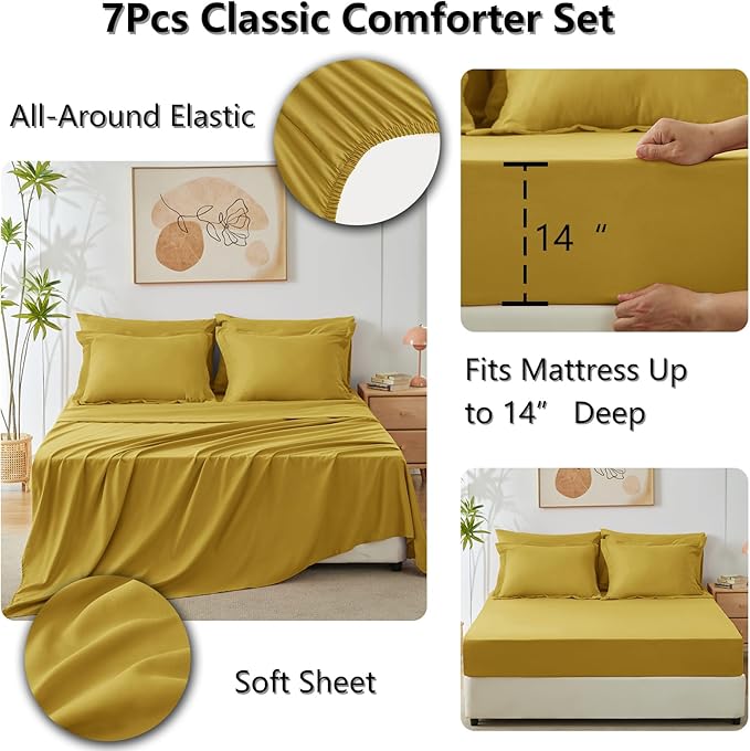 CozyLux Queen Comforter Set Mustard Yellow - Bed in a Bag Queen Size 7 Pieces, Luxury Soft Bed Set for All Seasons, Bedding Set with Down Alternative Comforter, Sheets, Pillowcases & Shams