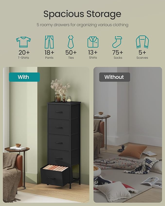 SONGMICS Dresser for Bedroom, Chest of Drawers, Steel, MDF, 5 Non-Woven Fabric Drawers, Storage Organizer Unit, Closet, Entryway, Ink Black and Ebony Black LGS315B01S