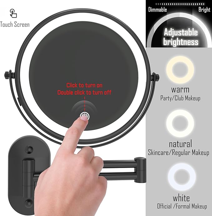 Ruacq Rechargeable Makeup Mirror Matte Black Double Sided Vanity Mirror with Lights Round 1x/10x Magnification 8 Inch Led Magnifying Mirror Stainless Steel and Zinc Alloy Modern Wall Mounted