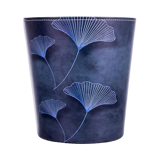 10L/2.64 Gallon Trash Can, Decorative Waste Basket, PU Leather Waste Paper Basket, Waterproof Garbage Can for Bathroom, Bedroom, Office, Kitchen and Living Room - Blue Lines Leaves