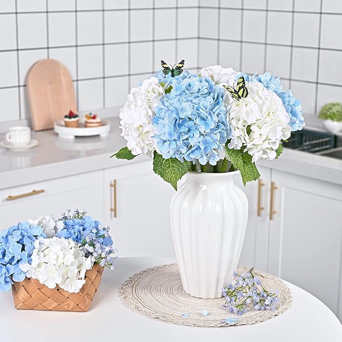 Waipfaru 21" Real Touch White Hydrangea Artificial Flowers with Long Stem & Leaves, Full Latex Faux Hydrangea Flowers for Home Party Decor Floral Arrangements Wedding Bouquets Centerpieces, 2Pcs