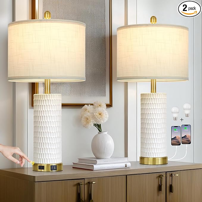 27" White Ceramic Lamps for Living Room, 3-Way Dimmable Touch Ceramic Table Lamp Set of 2 for Bedroom，Rustic Farmhouse Bedside Lamp with USB A+C & Outlets, Elegant Bedroom Lamp for Nightstand