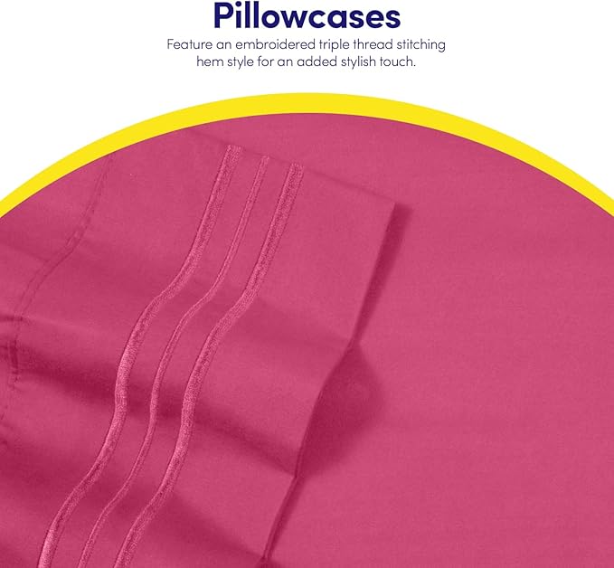 Sweet Home Collection Twin XL Size Sheet Set with Built-in Sheet Straps - Deep Pocket Fitted Sheet, Flat Sheet & Pillowcases - Soft, Wrinkle-Free, Secure Fit - Fuschia