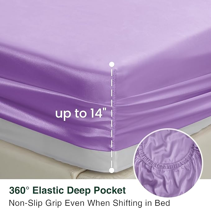 Love's cabin Full Size Satin Sheet Sets - 4 Piece Lavender Silky Sheet Set with Deep Pocket, Luxury Silk Feel Satin Sheets Full Bedding Set (1 Flat Sheet,1 Fitted Sheet,2 Pillow Cases)
