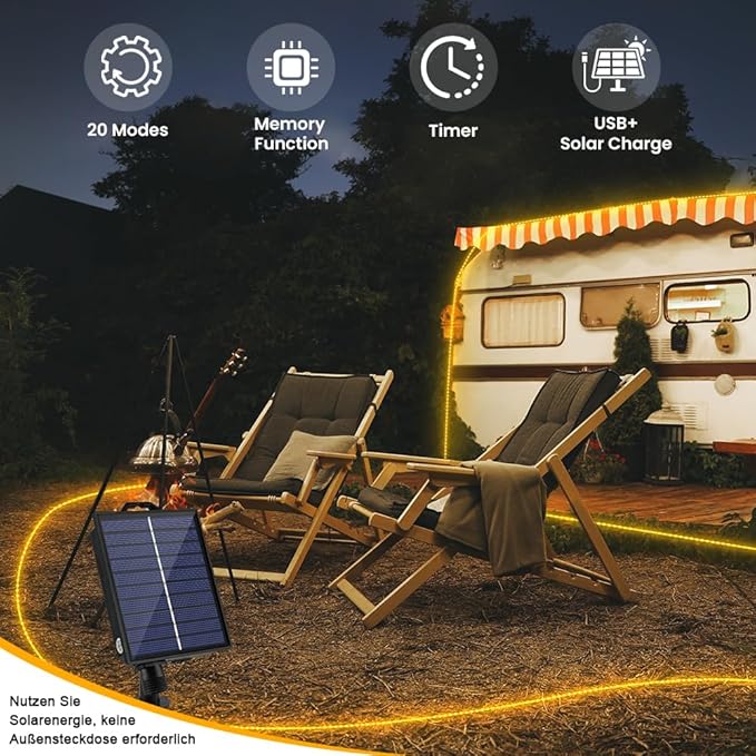 OMIKA 50ft 600 LEDs Solar Rope Lights, USB Charging, 20 Lighting Modes, Dimmable Timer Remote Control, IP68 Waterproof for Outdoor Trees, Parties, Gardens, Weddings, Christmas Decorations