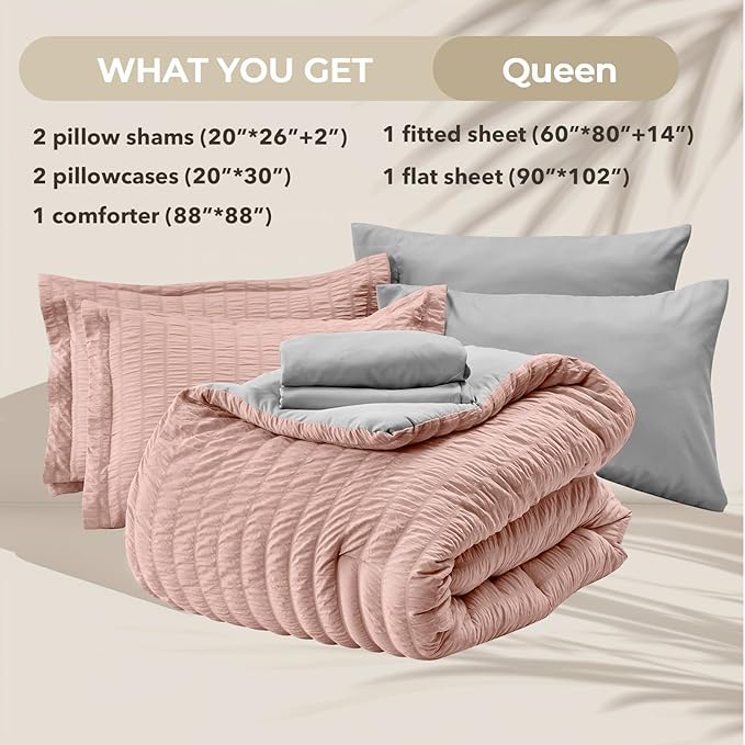 HYMOKEGE Rose Gold/Light Grey Queen Comforter Set Seersucker 7 Pieces, All Season Luxury Bed in a Bag Queen for Bedroom, Bedding Set with Comforter, Sheets, Pillowcases & Shams