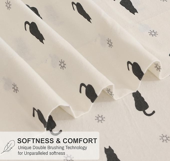RUVANTI Flannel Sheets California King Size - 100% Cotton Brushed Cal King Bed Sheets Set - Deep Pockets 14 Inches - All Seasons Breathable & Extra Soft - Warm & Cozy, 4 Piece, Black Cat