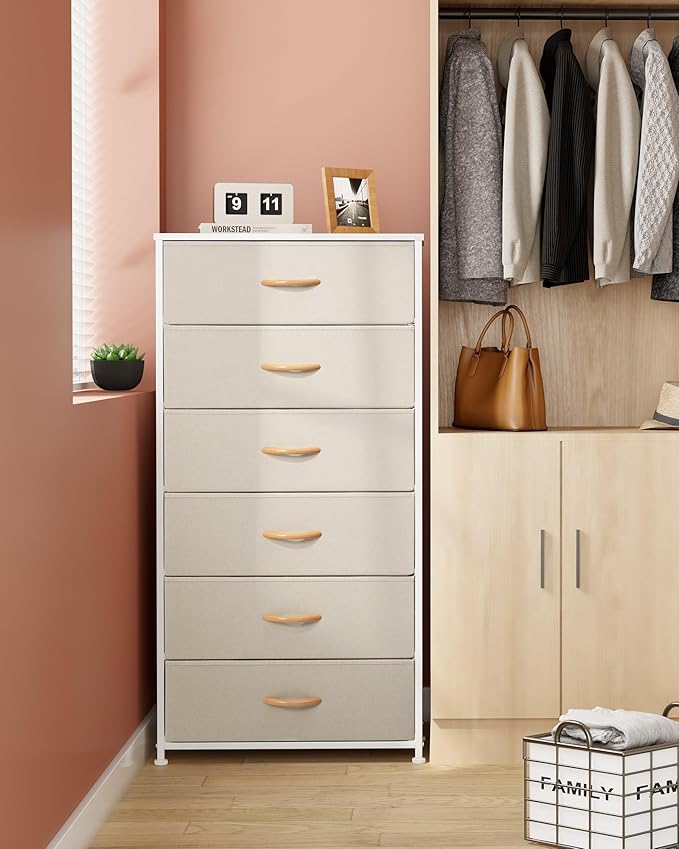 Crestlive Products Dresser for Bedroom with 6 Drawers, Tall Chest of Drawers, Fabric Dressers Bedroom Furniture, Storage Organizer Unit with Bins for Closet, Hallway, Living Room, Entryway(Beige)