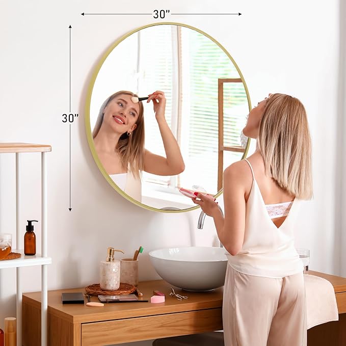 Sweetcrispy 30in Round Bathroom Mirrors for Wall, Bathroom Mirrors for Over Sink, Wall Decor for Bathroom, Entryway, Bedroom, Vanity, Classical Gold