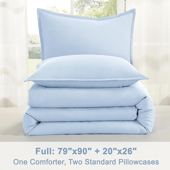 Litanika Comforters Light Blue Full Size, 3 Pieces Lightweight Solid Bedding Comforter Set, All Season Fluffy Bed Set (79x90In Comforter & 2 Pillowcases)
