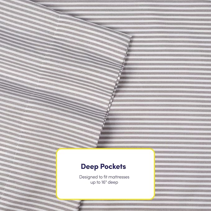 Queen Sheets Stripe Grey - 6 Piece 1500 Supreme Collection Fine Brushed Microfiber Deep Pocket Queen Sheet Set Bedding - 2 Extra Pillow Cases, Great Value, Queen, Classic Stripe Gray