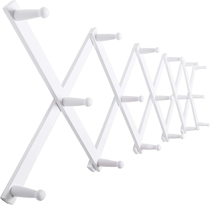SKOLOO Hat Rack for Wall with 17 Hooks, Solid Wooden, Modern, Expandable Coat Rack Wall Mount for Coats, Hats, Bags, Baseball Caps, White