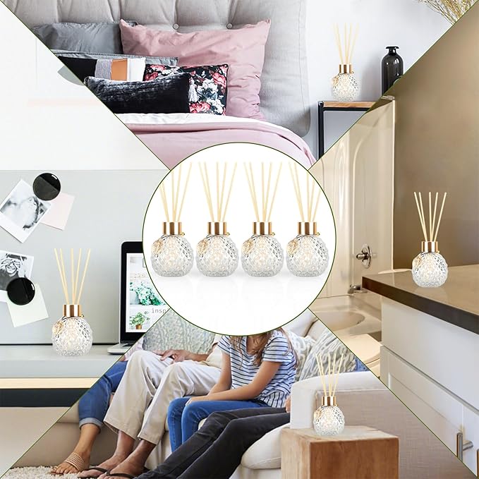 4Pcs Reed Diffuser Set with Metal Golden Decoration, 3.5oz Empty Reed Diffuser Bottles with 20Pcs Reed Diffuser Sticks, Unique Design Bottles for Home and Office(Spiky Ellipsoidal)