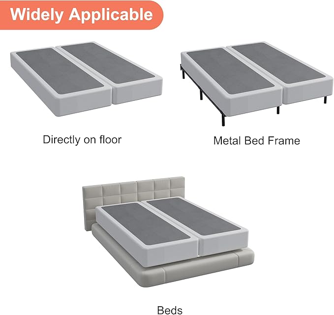 5 Inch Queen Box Spring, Split Design for Easy Setup in Apartments, Heavy Duty Steel Frame, Non-Slip Mattress Base Fabric Cover, Noise Free