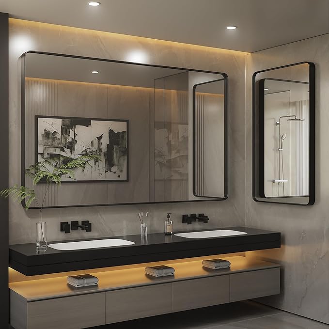 ISKM 30"x 30" Black Framed Bathroom Mirror for Wall, Bathroom Vanity Mirror Anti-Rust, Tempered Glass, Rounded Rectangle Mirror(Horizontal/Vertical)