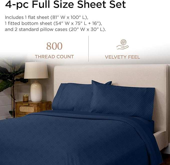 Threadmill Luxury Full Size Sheets for Full Size Mattress | 800 Thread Count Cotton sheets | Jacquard Celine Folkstone Blue| Better Than Egyptian Cotton| 4 Pc Bed Sheets | With Elasticized Deep Pocket