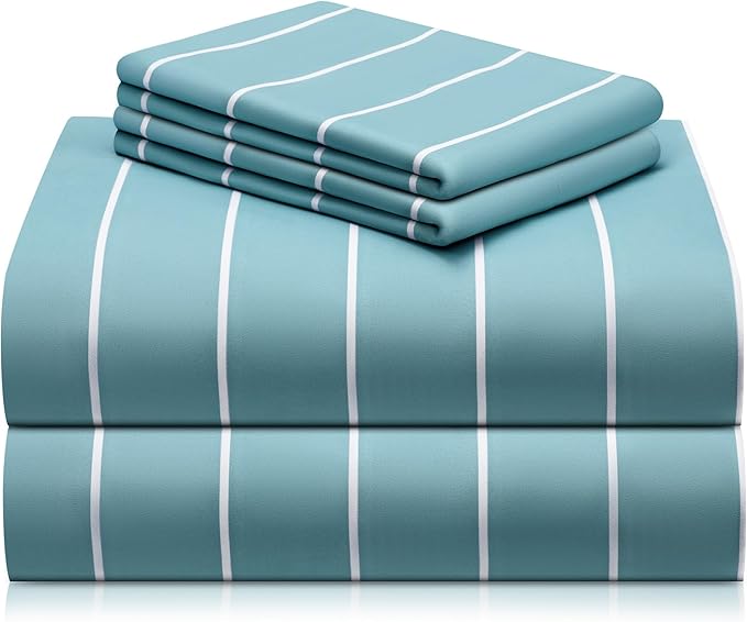 LuxClub 4 PC Full Size Sheet Set Bed Sheets, Breathable Luxury Deep Pockets Wrinkle Free Cooling Sheets Machine Washable Hotel Bedding (Full, Striped Light Blue)