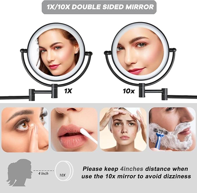 Brushed Brass Lighted Wall Mounted Mirror Magnifying 1×10×, 8-Inch Rechargeable Double Sided, Touch Dimmable Extended Arm 360 Rotation Cosmetic Mirror for Bathroom, Matt Black