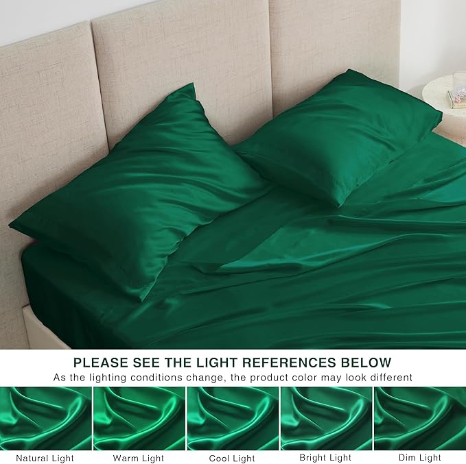 Love's cabin Twin XL Satin Sheet Sets - 3 Piece Dark Green Silky Bed Sheets with Deep Pockets, Luxury Silk Feel Satin Sheet Set Twin XL (1 Flat Sheet,1 Fitted Sheet,1 Pillow case)