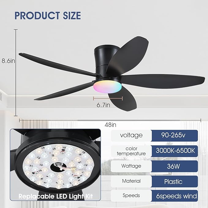 Flush Mount RGB Ceiling Fans with Lights-48 Low Profile Ceiling Fan with Light and Remote/APP Control,DC Reversible,LED Dimmable Blakc Ceiling Fans for Bedroom,Indoor/Outdoor Patio Use