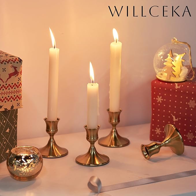 Gold Taper Candle Holder, Brass Candlestick Holders, Vintage Metal for Table Centerpieces Wedding Christmas Decor (Gold, 6 Pcs)