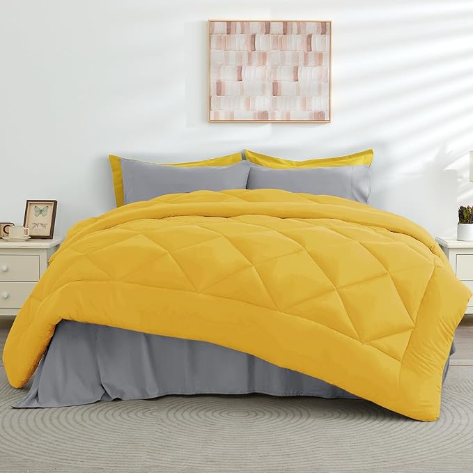 HEVUMYI Queen Comforter Set - 7-Piece All Season Bed in a Bag Queen, Ultra Soft Bedding Set with Comforter, Flat Sheet, Fitted Sheet, Pillowcases, Pillow Shams, Yellow & Light Grey