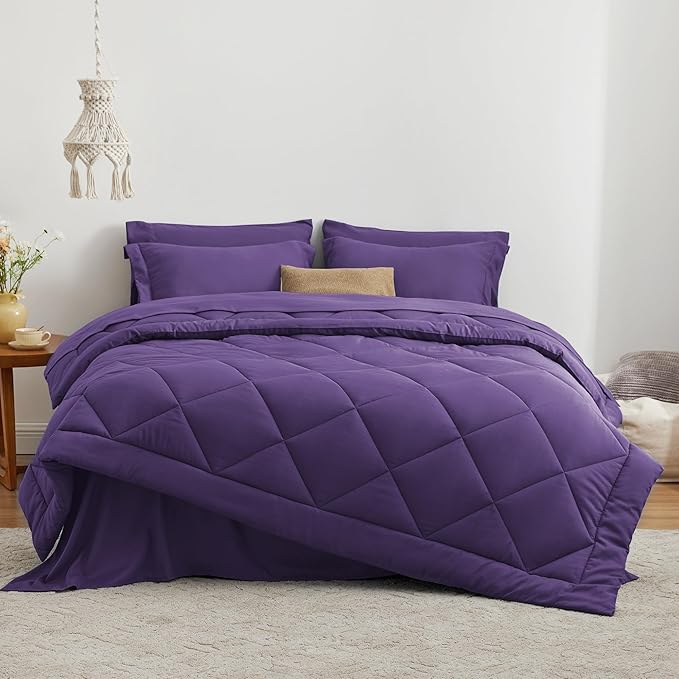 Love's cabin Twin Comforter Set Purple, 5 Pieces Twin Bed in a Bag, All Season Bedding Sets with 1 Comforter, 1 Flat Sheet, 1 Fitted Sheet, 1 Pillowcase and 1 Pillow Sham