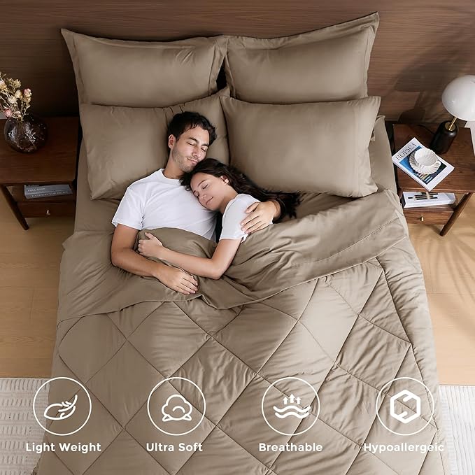 HEVUMYI Linen Queen Comforter Set - 7-Piece All Season Bed in a Bag Queen, Ultra Soft Bedding Set with Comforter, Flat Sheet, Fitted Sheet, Pillowcases, Pillow Shams
