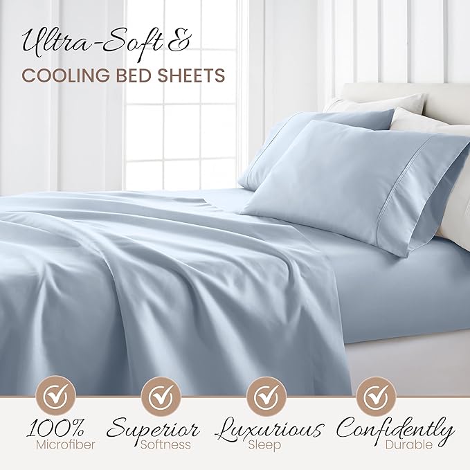 Linen Market Double-Brushed Microfiber Twin Sheet Set 3 Piece – Oeko-TEX Certified Ultra Soft & Wrinkle-Free - 16" Deep Pocket Sheets - Easy Care Twin Size - Light Blue