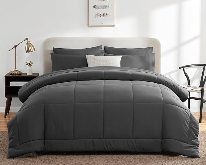 CozyLux Queen Comforter Set Dark Grey, 7 Pieces Bed in a Bag, Dark Gray Comforter Queen Size, All Season Bedding Sets with Stitch Quilted Comforter, Flat Sheet, Fitted Sheet, Pillowcases