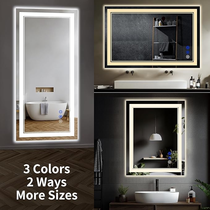 40"x32" LED Bathroom Mirror with Anti-Fog, Stepless Dimmable Lights, 3 Color Modes, Shatter-Proof Tempered Glass, Memory Function & Waterproof Design