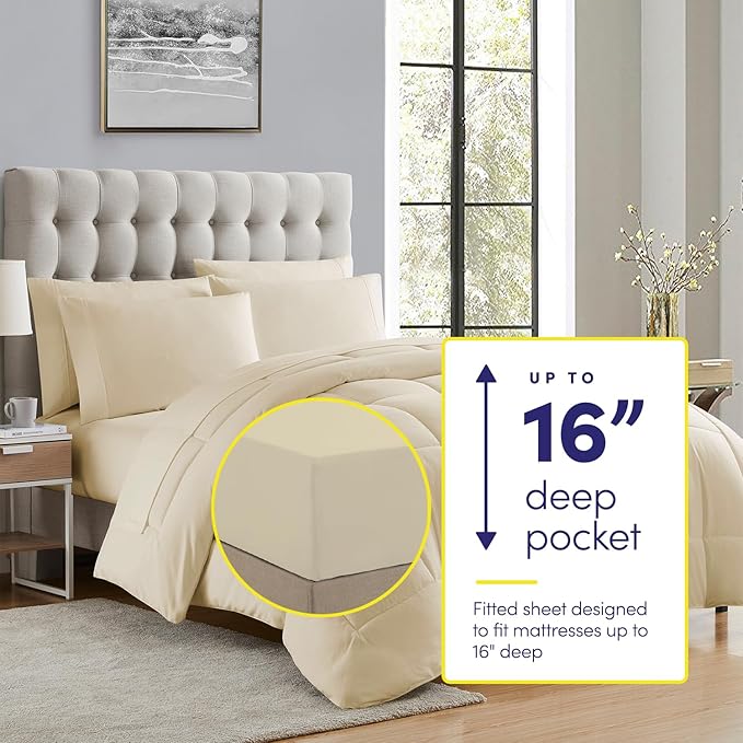 Sweet Home Collection 7 Piece Comforter Set Bag Solid Color All Season Soft Down Alternative Blanket & Luxurious Microfiber Bed Sheets, Beige, Full