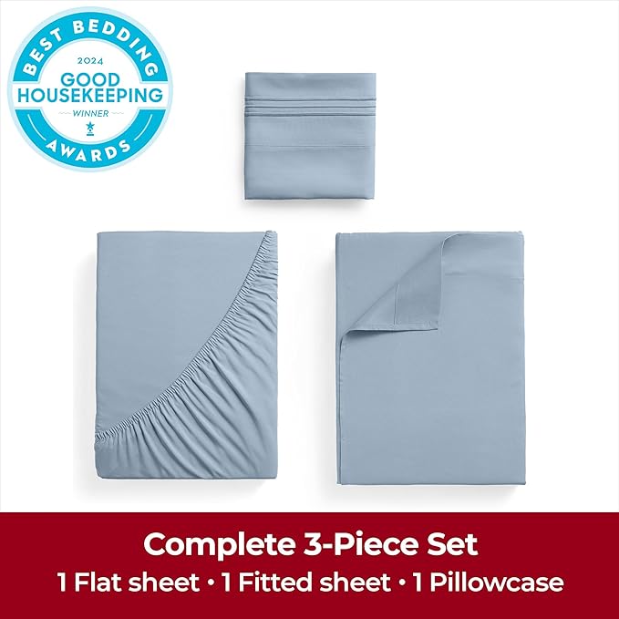 Mellanni Extra Deep Twin Sheets - 3 PC Iconic Collection Bedding - Hotel Luxury, Ultra Soft, Cooling Bed Sheets - Wrinkle, Fade, Stain Resistant (Twin, Blue Hydrangea)