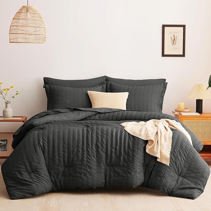 CozyLux Twin XL Comforter Set with Sheets Seersucker Dark Grey 5 Pieces Bed in a Bag, Twin Extra Long Luxury Bedding Sets for College Dorm with Down Alternative Comforter, Sheets, Pillowcases & Shams