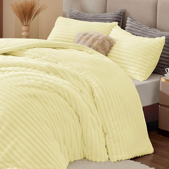 BEDELITE Fleece King Comforter Set -Super Soft & Warm Fluffy Transparent Yellow Bedding, Luxury Fuzzy Heavy Bed Set for Winter with 2 Pillow Cases